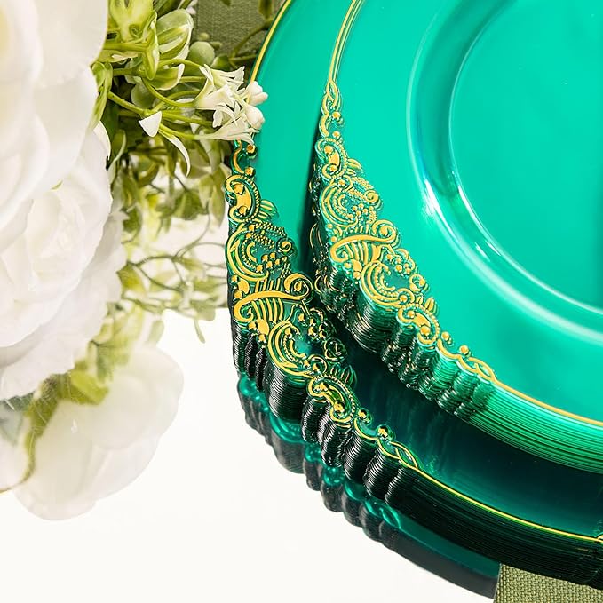 Hioasis 175pcs Clear Green Plastic Plates - Elegant Disposable Dinnerware Set Suitable for 25 Guests Include 10.25" Dinner & 7.5" Dessert Plates, Cutlery, Napkins, Cups for Party & St. Patrick's Day