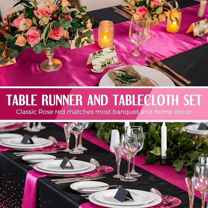 Breling 12 Pack Black and Hot Pink Disposable Plastic Tablecloths and Satin Table Runner Set, 54 x 108 Inch Tablecloth, 12 x 108 Inch Table Runners for Wedding Graduation Birthday Baby Shower