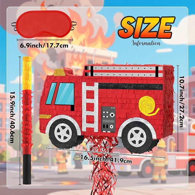 WERNNSAI Fire Truck Piñata - Firetruck Birthday Decorations Piñata for Boys Kids Firefighter Truck Theme Birthday Party Game Decorations Bundle with Blindfold and Bat
