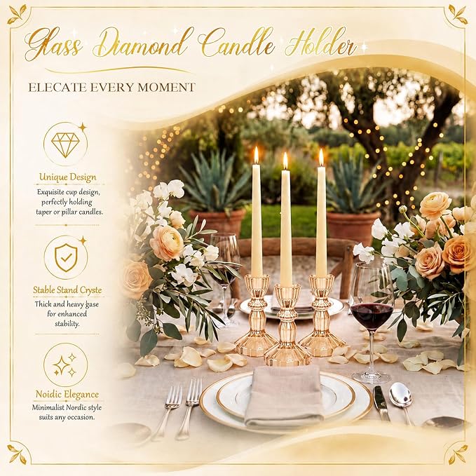 Sieral 24 Pcs Amber Taper Candle Holders 4'' Tall Candlestick Glass Holders Bulk Stripe Decorative Stand Wedding Stick Holder for Anniversary Party Dining Table Festival Decor