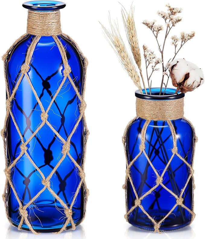 Chuangdi Set of 2 Coastal Glass Vases for Flowers TSITP Flower Vase with Boho Rope Small Sea Glass Jar Nautical Beach Bottle for Wedding Table Centerpieces Floral Arrangement Decor(Deep Sea Blue)