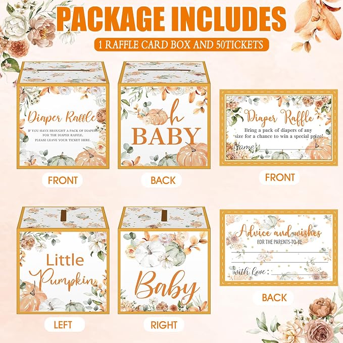 Teling 51 Pieces Diaper Raffle Tickets with Card Box Baby Shower Decorations Gender Reveal Holder Box for Girl Boy Diaper Raffle Party(Little Pumpkin)