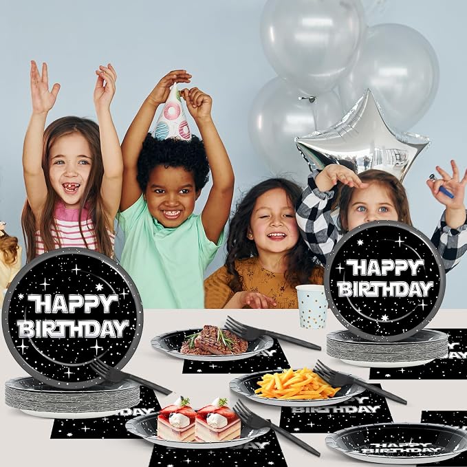 100Pcs Stars Birthday Party Decoration Galaxy Universe Plates and Napkins Space Theme Paper Plate Supplies for Outer Spaces Disposable Tableware Dinnerware Set Baby Shower Night Sky Decor for 25 Guest
