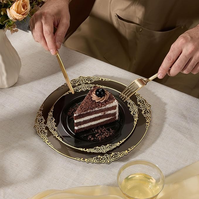 Goodluck 250 PCS Vintage Translucent Black & Gold Rim Plastic Plates with Cutlery Set - Serves 50 - Heavy Duty Elegant Disposable Dinnerware for New Years Eve, Halloween, Gatsby Party