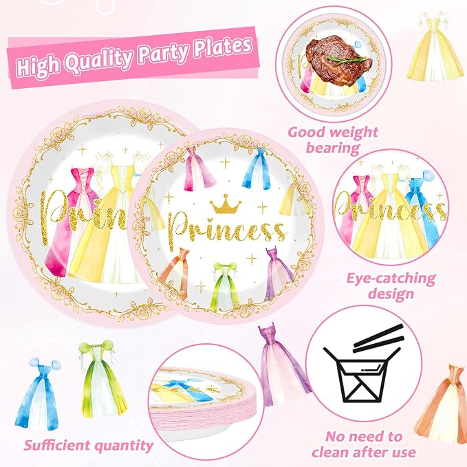 96Pcs Princess Birthday Party Decorations Princess Themed Tableware Castle Dress Plates Napkins Forks Crown Dinnerware Party Supplies for Girls Bridal Engagement Baby Shower Serve 24 Guests