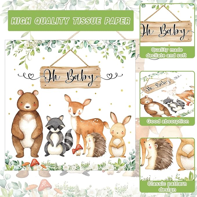 170pcs Woodland Animals Baby Shower Decorations Pack Forest Animal Neutral Gender Reveal Party Supplies Woodland Themed Birthday Party Ideas Set , Tablecloth, Cake Toppers,for 25 Guests