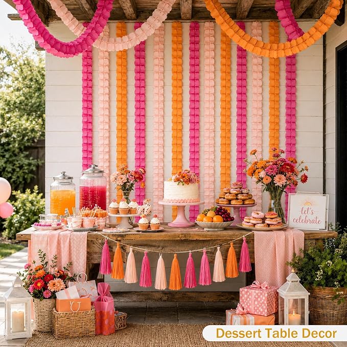 Hot Pink and Orange Party Decorations, 12Pcs 4-Leaf Paper Streamers | Paper streamer garlands for sunset parties, citrus spritz themes, birthdays, weddings, baby showers and bachelorette parties