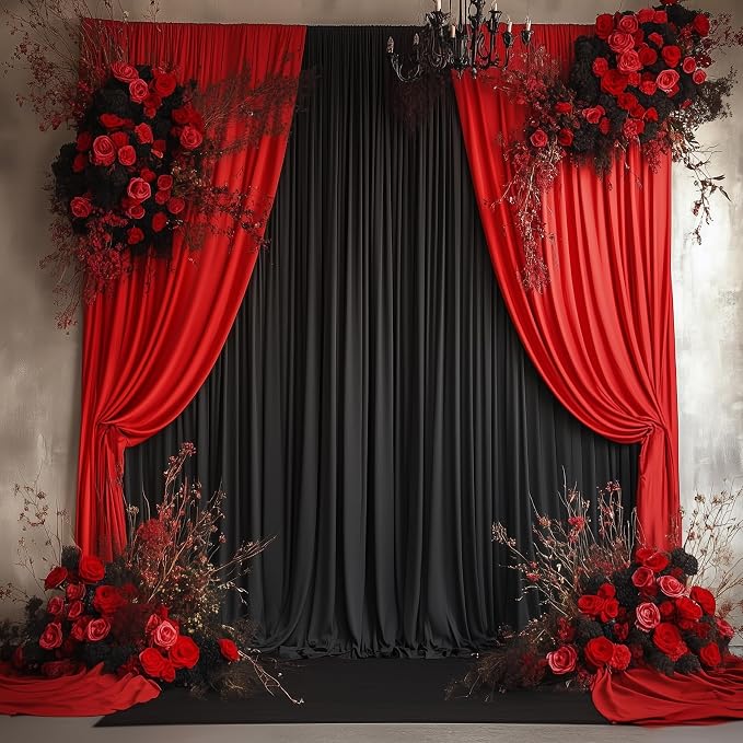 50ftx14FT Wrinkle Free Black Backdrop Curtain, 10 Panels 14FT Height Black Wedding Backdrop Drapes, Silky Polyester Back Drop Cloth for Birthday Photography Background Party Backdrop Draping