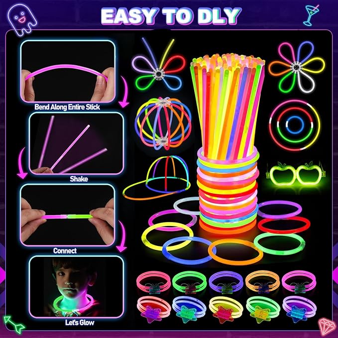 470psc Glow in the Dark Party Supplies for Adults Birthdays,Light Up Party Favors with 200 Glow Sticks Bulk,DIY Glow Necklaces Glasses Bracelets Headband, Christmas Neon Party Supplies