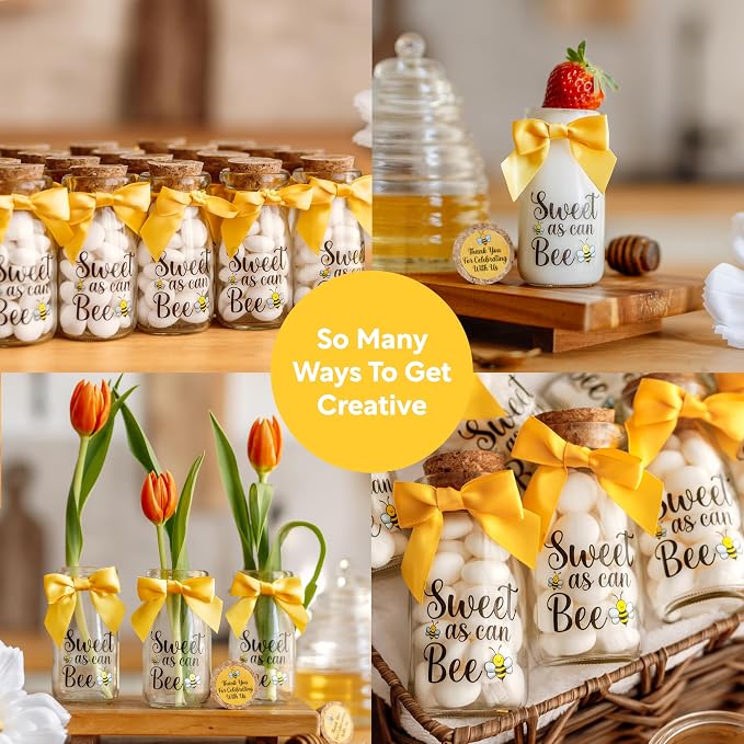 Ethisa Vintage 12 Pack Bee Party Favor Glass Bottles with Ribbons and Stickers - Classy Baby Shower and Birthday Souvenir for Guests and Table Centerpiece Decoration - Sweet as Can Bee Honey Candy Jar