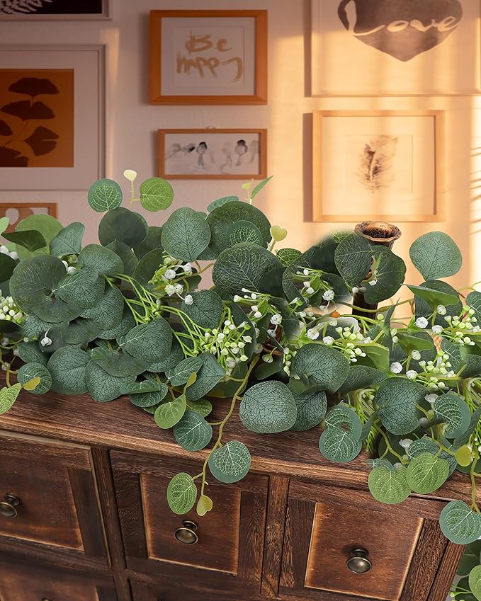 Eucalyptus Garland 6FT Artificial Ivy Greenery Fake Silver Dollar Eucalyptus Leaves Vines Table Decor Green Vine Spring Artificial Vines for Home Mantle Party Decor Indoor/Outdoor (1)