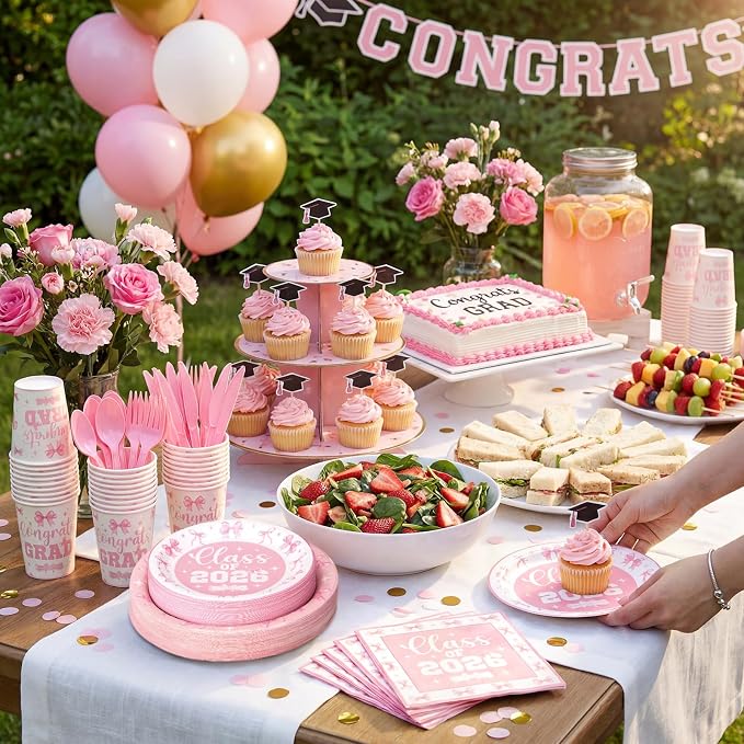 Funnymoom 400 Pcs Pink Bow Graduation Party Supplies, Coquette 2026 Congrats Grad Paper Plates and Napkins Cups Set with Spoons Forks Knives, Class of 2026 Tableware Set for Grad Party Decorations