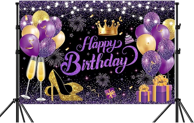 63 PCS Purple Gold Birthday Party Balloons Decoration for Girl Women | with Photo Backgrounds Backdrops, Happy Birthday Sign Banner Cloth, Confetti Balloon