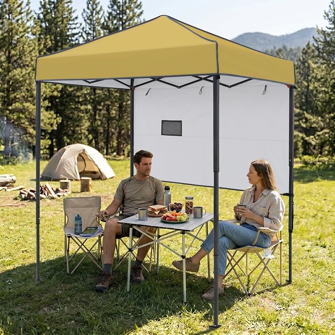 EAGLE PEAK 6x4 Instant Pop Up Canopy Tent with 1 Half Wall Panel, Straight Leg Sun Shelter, Portable Canopy with Carry Bag for Camping, Beach & Sports, Beige