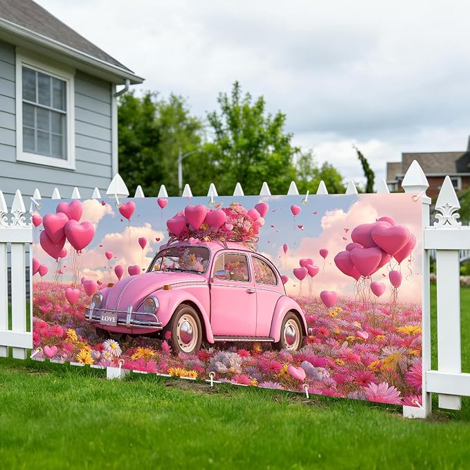 Pink Beetle Garage Door Banner Cover 7x16FT Waterproof – Love Car & Heart Balloons Backdrop with Floral,Indoor Outdoor Decor for Mother's Day,Wedding,Proposal & Photo Booth