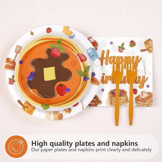 96Pcs Pancakes 1st Birthday Party Decorations Pancakes Plates and Napkins Our Short Stack is Turning One Tableware Set for Breakfast Brunch Supplies for Pancake 1st Birthday Party Supplies，Serves 24