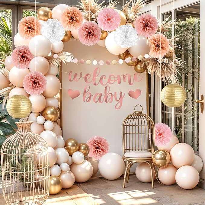 Kriyokiaa 16 Pcs Baby Shower Decorations for Girl Light Rosegold Baby Shower Decorations with Welcome Baby Banners Paper Flower Pom Poms Perfect for Indoor & Outdoor Celebrations