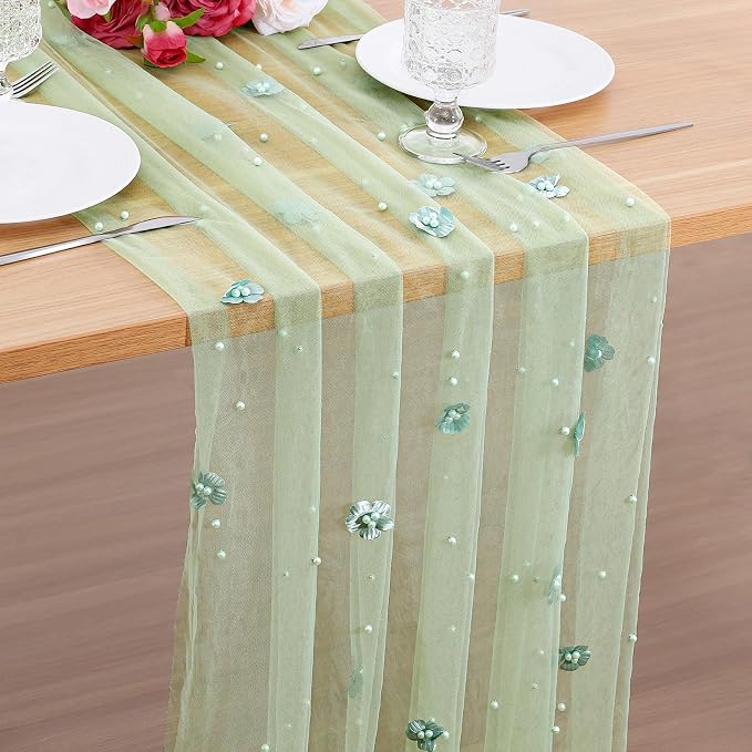BINBE 4pcs Flower Pearl Table Runner Spring Summer Rustic Boho 10ft Tulle Table Runner for Baby Shower Wedding Veil Holiday Dessert Table Decor Green