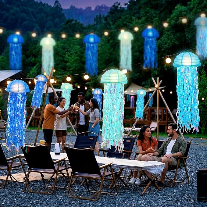 10" Jellyfish Paper Lanterns Lamps - Gradient Blue Under the Sea Party Decorations for Mermaid Theme Birthday, Beach Baby Shower, Pre-Assembled Classroom & Ocean Decor, 6 PCS