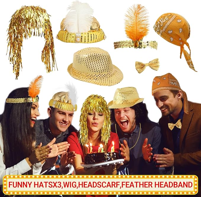 Bulk Gold Party Photo Booth Props Set for Adult, Funny Golden Photo Booth Glasses Hats Wig Props, Fun Party Pack Photo Booth Props Kit for New Year Party, Graduation, Birthday, Wedding, Bachelorette