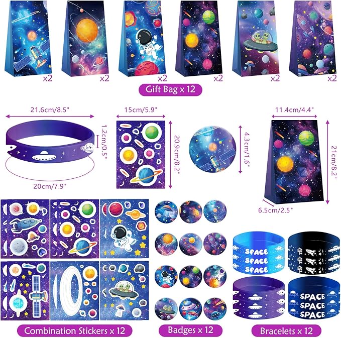 Space Party Favors, Space Themed Birthday Supplies, Including Gift Bag, Stickers, Silicone Wristbands, Badge, Notebook, Keychain, for Kids Birthday Goodie Bag Fillers Class Prizes
