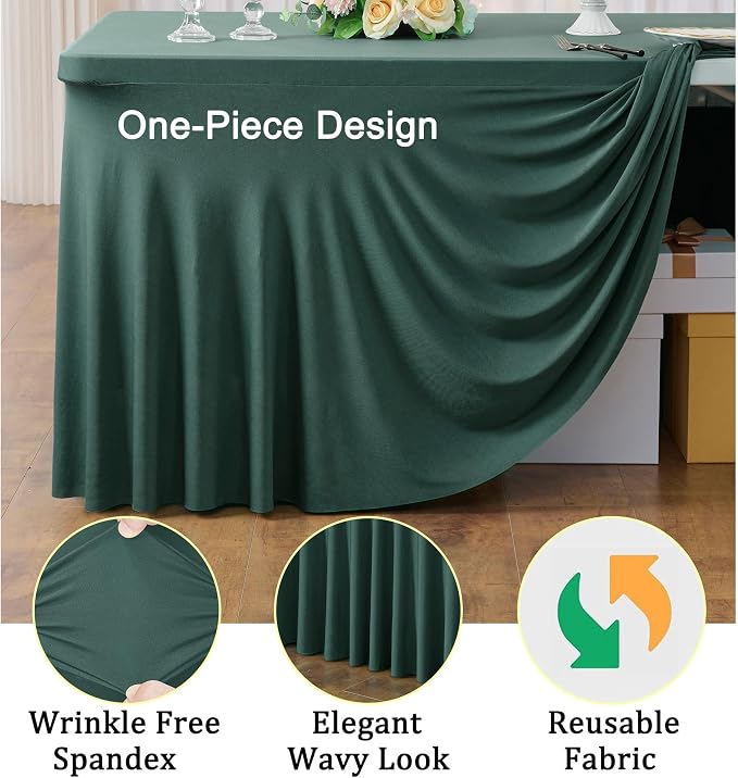 2 Pack Hunter Green Spandex Tablecloths for 6 Foot Rectangle Tables, Wrinkle Free Fitted Table Cover 6ft Green Stretchy Table Clothes with Skirt for Parties Weddings Birthday Banquet Baby Shower
