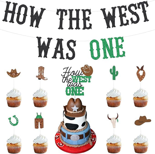 How The West Was One Year Old Party Banner - Western First Birthday Decorations, Cowboy Banner for 1st Birthday