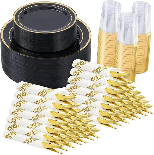Fijinhom 350 Pieces Black & Gold Disposable Plates for 50 Guests, Disposable Plastic Plates, Dinnerware Set of 50 Dinner Plates, 50 Salad Plates,50 Cups and 50 Paper Napkins, for Party, Wedding