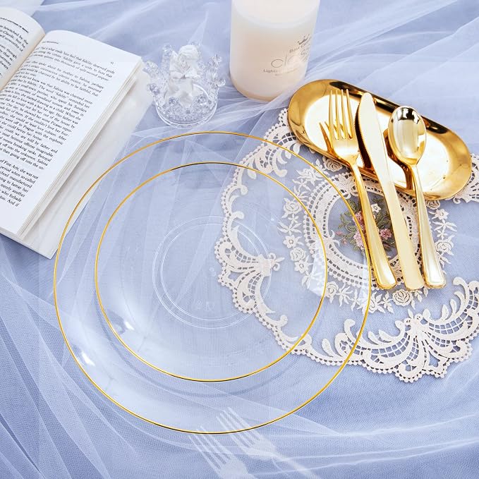 Nervure 125PCS Clear Gold Plastic Plates - Clear Plastic Plates with Gold Rim Include 25 Dinner Plate, 25 Dessert Plate, 25 Forks, 25 Knives, 25 Spoons for Wedding & Party & Thanksgiving