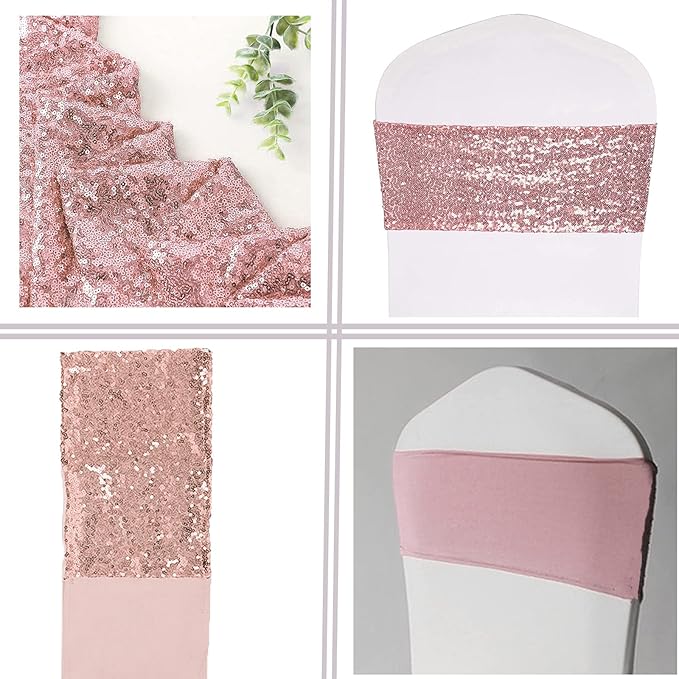 Pack of 25 Stretch Sequin Chair Sashes Chair Bands One-Sided Sequins Decor for Hotel Wedding Reception Events Party Chair Cover Decoration (Rose Gold)