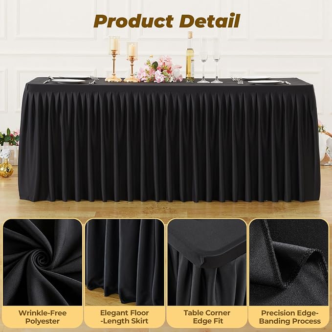 Black Polyester Table Cloths for Rectangle 8 Foot Tables, 1 Pack Wrinkle Free Tablecloths Stretchy Banquet Ruffle Fitted Table Cover Desk Skirt for Parties Wedding Birthday Baby Shower