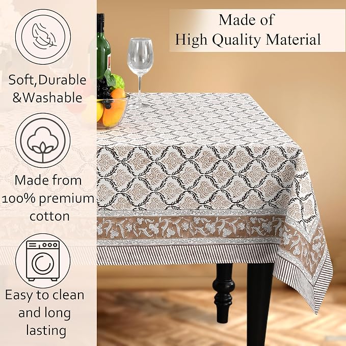 CPC Sandstone Regal Tablecloth 100% Cotton 70x118 Inch Indian Block Print Rectangle Table Cover, Table Cloth for Gifting in Weddings, Halloween, Fall, Christmas, Thanksgiving