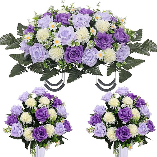Lodou 3Pack Cemetery Decorations for Grave Large Headstone Flower Saddle Artificial Rose Bouquets with Vases for Outdoor Grave Headstone Decorations(Purple)