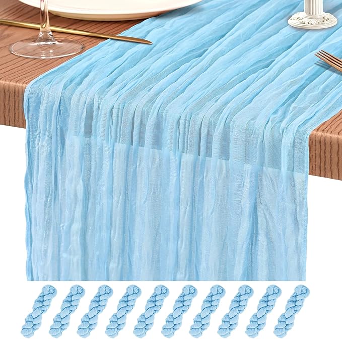 10 Pack Baby Blue Cheesecloth Table Runner 10FT Light Blue Boho Gauze Cheese Cloth Table Runners Romantic Rustic Sheer Table Decorations for Wedding Party Baby Shower Birthday Holiday Home