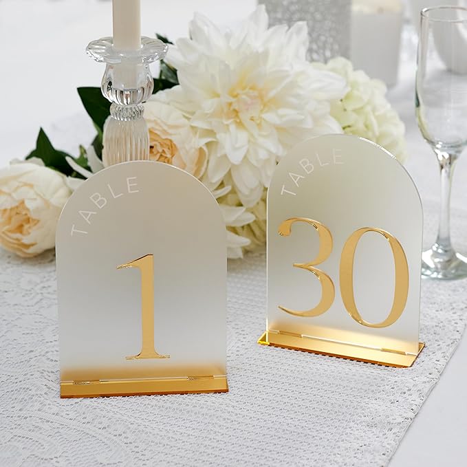 Frosted Arch Gold Table Numbers for Wedding Reception - Table numbers 1-30 - 5x7" Frosted Arch Acrylic Table Signs with Gold Mirror Numbers for Banquet, Party, Event, Anniversary (Table Numbers 1-30)