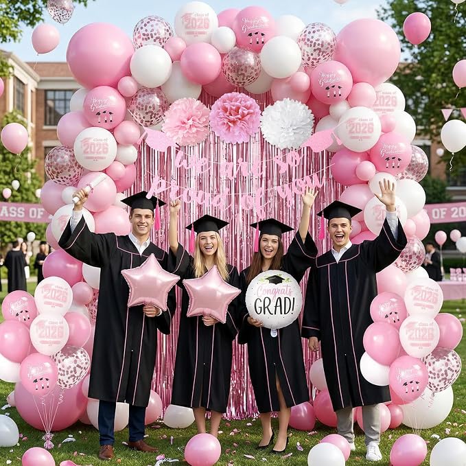 Graduation Party Decorations Pink, Congrats GRAD Banner Paper Pompoms Pink Fringe Curtain Backdrop Star Foil Balloons Pink White Latex Balloon for Graduation Class of 2026 Decorations