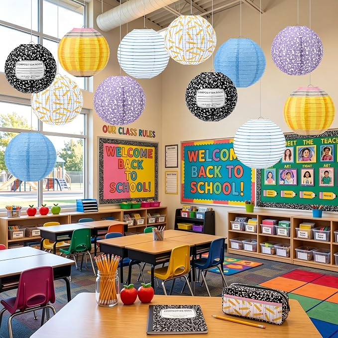 Retisee 12 Pcs Back to School Paper Lanterns Classroom Decorations Composition Notebook Pencil Hanging Lanterns 8 Inch Ceiling Decor for First Day of School Teacher Classroom Birthday Party Supplies