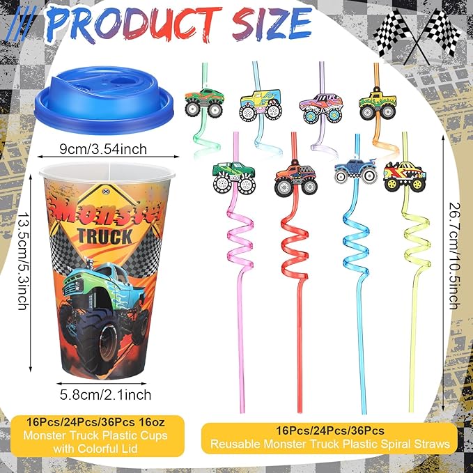 Yungyan 16 Sets Monster Truck Party Favors Goodie Cups with Lids and Straws for Birthday Decorations Reusable 16oz Plastic Candy Cups Plastic Straws for Birthday Party