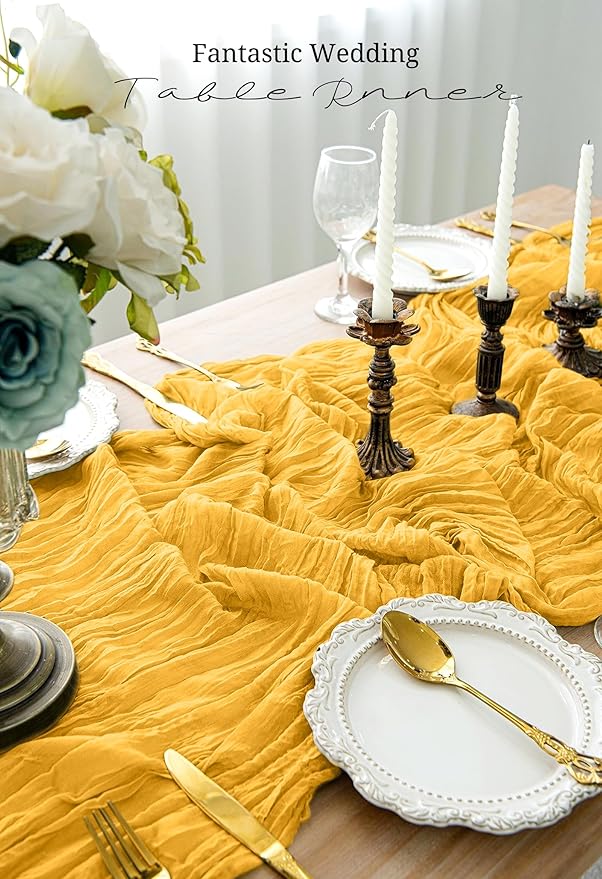10 Pack Gold Cheesecloth Table Runner 17x108 Inch Semi Sheer Boho Gauze Cheese Cloth Table Runners, for Wedding Bridal Shower Birthday Party Home Decor Garden Farmhouse