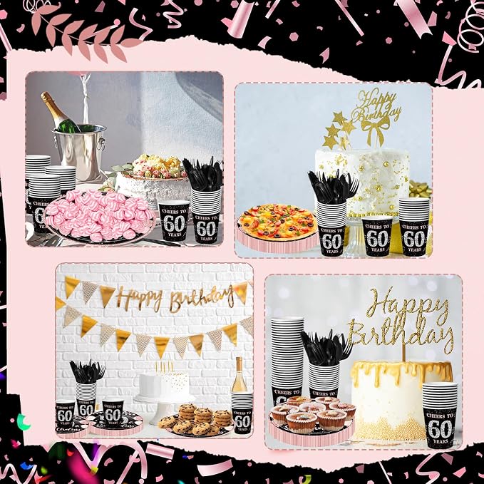 240 Pcs 60th Birthday Decorations 1966 Birthday Party Tableware Include Plates Napkins 9oz Cups Cutlery 60th Anniversary Party Supplies for Men Women Him Her, Serve 30 Guests (Black Pink)
