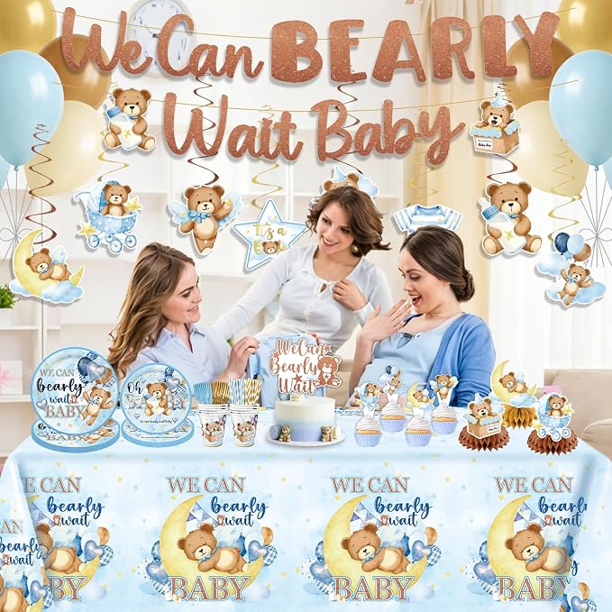 NeoRov 222 Pcs Blue Bear Baby Shower Decorations Tableware Set | Service 25 Guests | Includes Banner, Cake Topper, Balloons, Plates And Napkins Paper Cup | For Boy Baby Shower