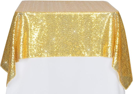 PartyDelight 50"x50" Square Gold Sequin Tablecloth High-Density 3mm Stitched Sequins Shimmering Table Overlay for Cake Tables, Gift Displays & Small Square Accent Tables