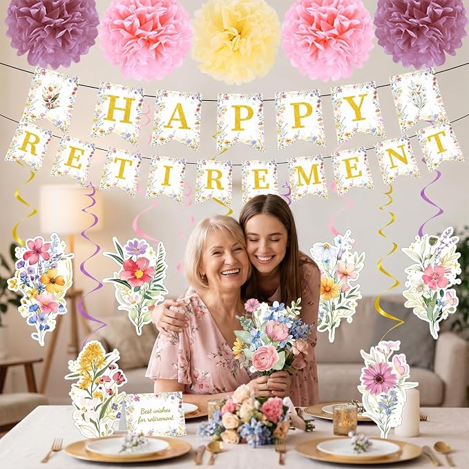 Rakuto Wildflower Happy Retirement Party Decorations for Women, 16PCS Floral Gold Retirement Banner with Hanging Swirls Decoration, Flower Just Retired Paper Pom Poms Decor Supplies