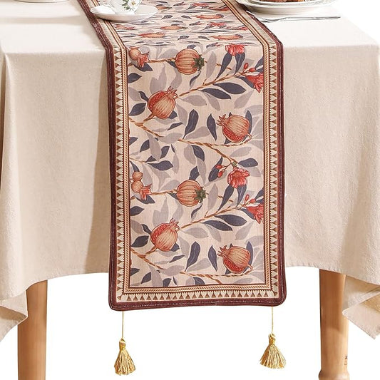 patdrea Designer Vintage SaddleBrown Linen Table Runner 87 Inch Long, Pomegranates Pattern Table Mat, Decoration for Kitchen Dining Table Coffee Table Shelf Cabinet Banquet Christmas ,12"*87"