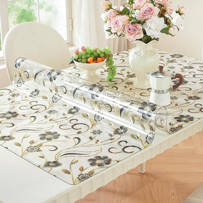 LovePads Floral Table Protector 24 x 72 Inch, 1.5mm Thick Plastic Table Cover, Waterproof Vinyl Tablecloth Rectangular Desk Protector Mat for Kitchen, Dining Room & Coffee Tabletop