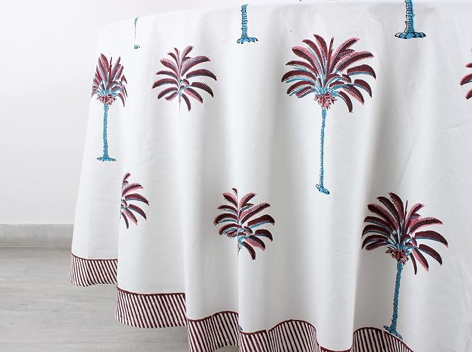 Ridhi Round Tablecloth Hand Block Print 100% Cotton Reusable Red Palm 110 Inch Table Cover Decorative Everyday Use for Dining, Home, Party, Wedding, Farmhouse, Party Gift for Spring, Mother's Day