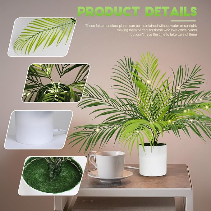 RECUTMS Fake Plants Tall 19In Artificial Tropical Palm Tree Potted with Light Faux Monstera Greenery Plants in White Pot for Indoor Outdoor Home Office Living Room Bedroom Desk Balcony Farmhouse Decor