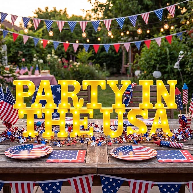 Honoson 13 Pcs 4th of July Decorations Party in The USA Lights up Signs 250th Patriotic Table Decor Set for Independence Day Veterans Patriotic Party Decorations