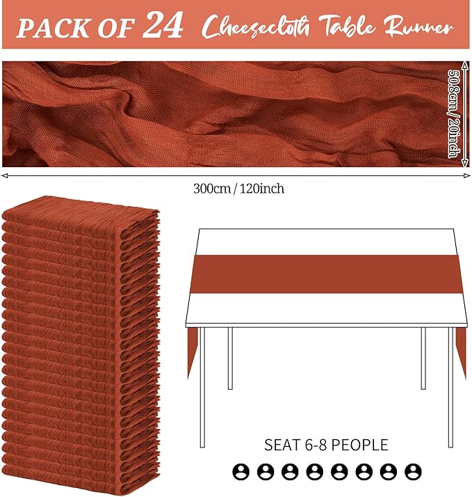 24 Pack Cheesecloth Table Runner 20 x 120 inch Cheese Cloth Table Runner Bulk,Romantic Boho Sheer Gauze Fabric Table Runners for Wedding Reception,Party,Bridal Shower Table Decor(Terracotta)