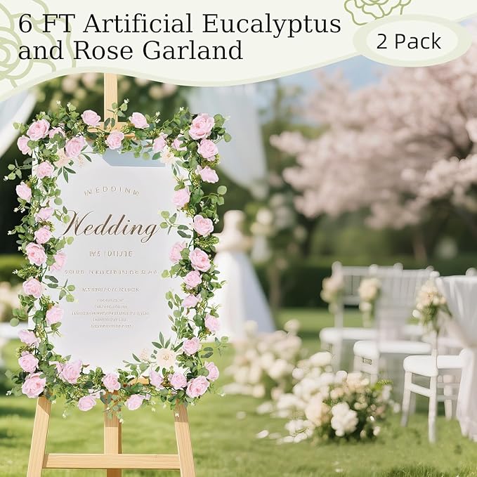 Lewondr Artificial Eucalyptus Garland with Flower, 2Pack 13FT Faux Floral Greenery Garlands Fake Flowers Vines, Maintenance-Free for Wedding Table Backdrop Party Centerpiece Room Decor, Pink